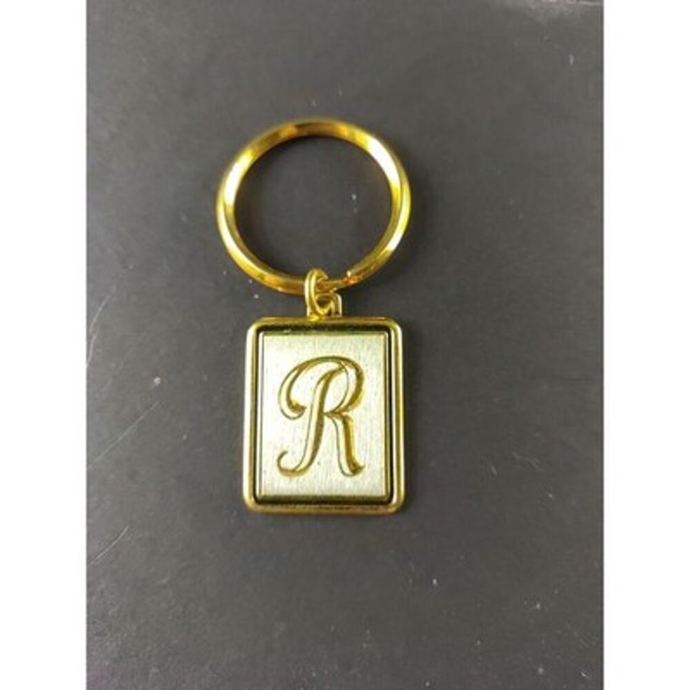R Initial Gold Silver Tone Black Keychain Metal Classic